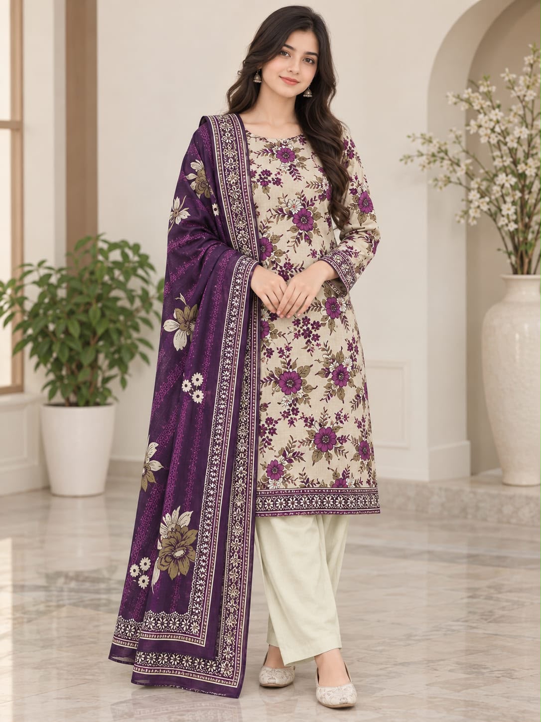 Printed Khaddar 3-Piece Suit -12