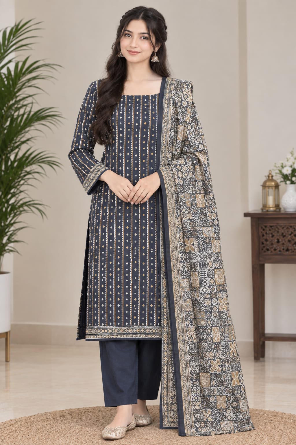 Printed Khaddar 3-Piece Suit -10