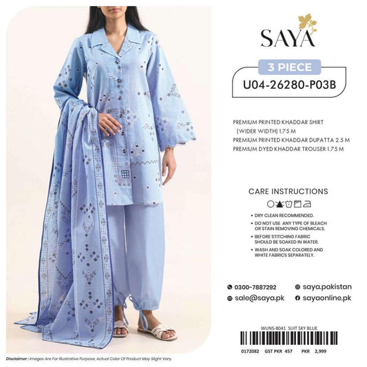Premium Printed Khaddar 3-Piece Suit – Sky Blue -3